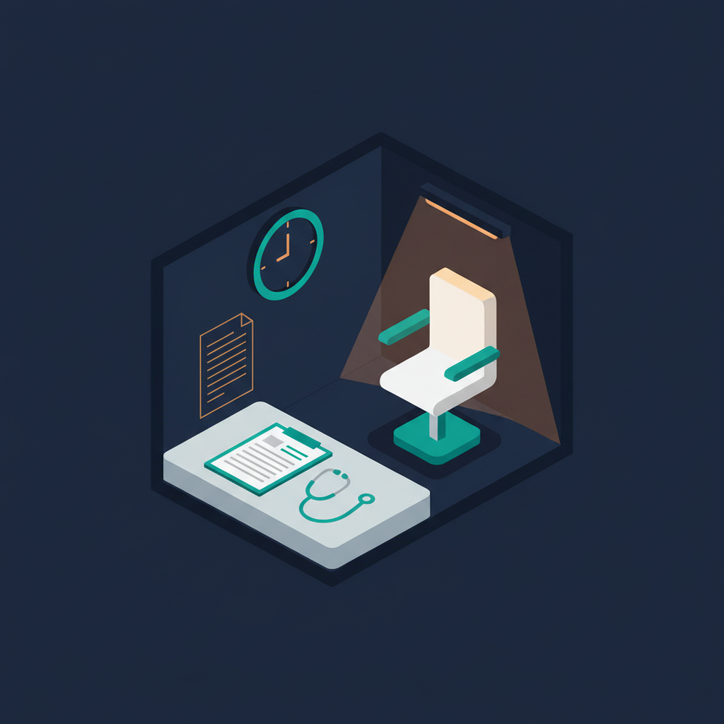 Independent medical examiner reviewing claimant intake at the desk, with dictation pad and exam findings