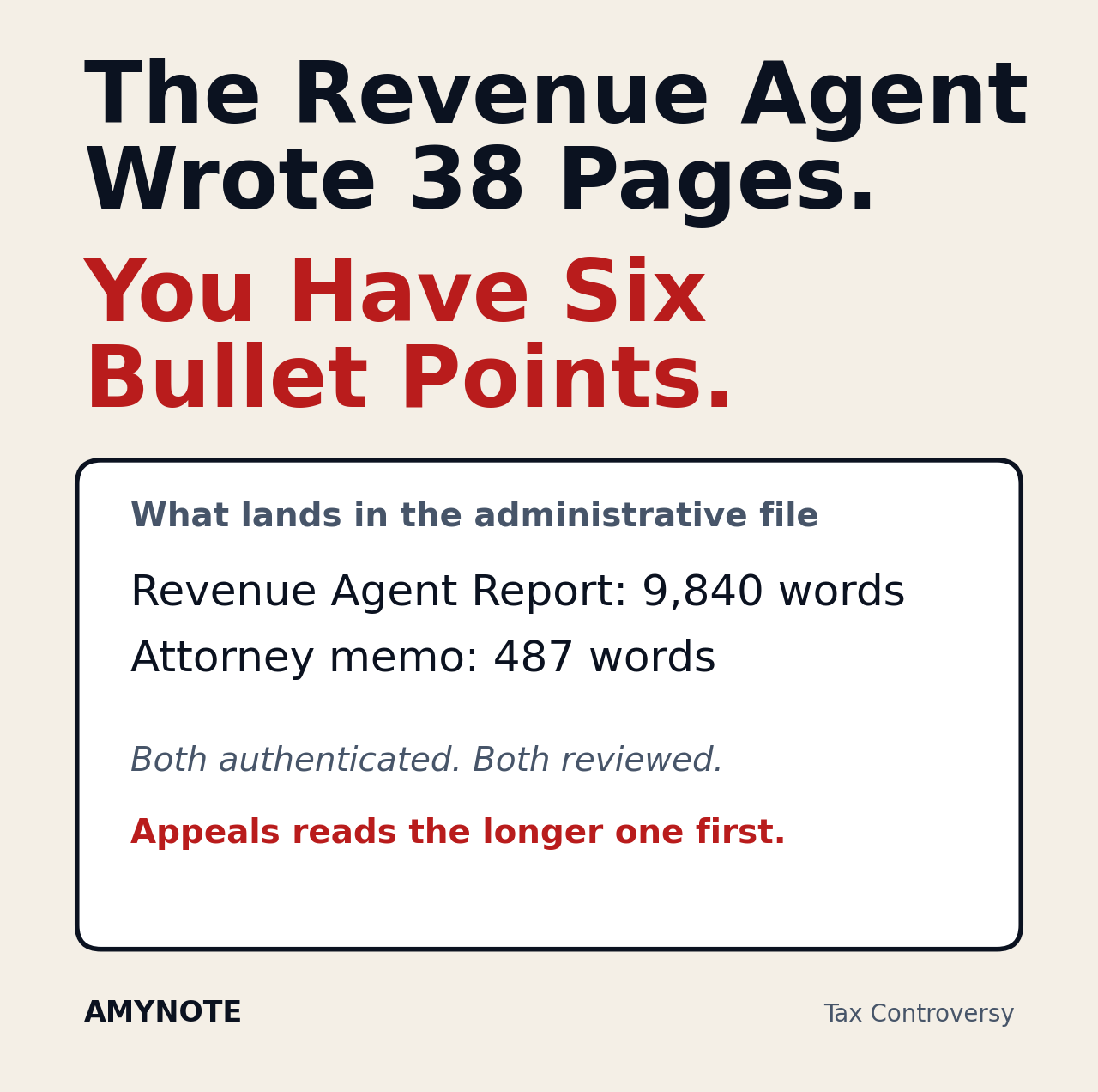 A Revenue Agent's contemporaneous notebook beside a tax attorney's six-bullet summary memo, with the Revenue Agent Report stacked on top