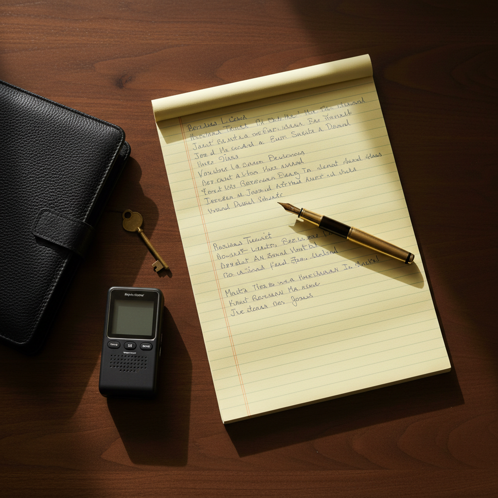 Workplace investigator across the conference table from a witness, structured notes between them